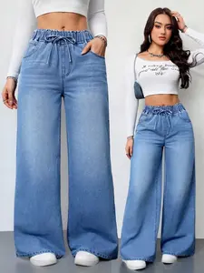 Women's Casual Elastic Waist Denim Woven Jeans With Pockets , Loose Fit Wide Leg Pants, Versatile Basic Denim, Comfortable and Stylish, Perfect for Everyday Wear