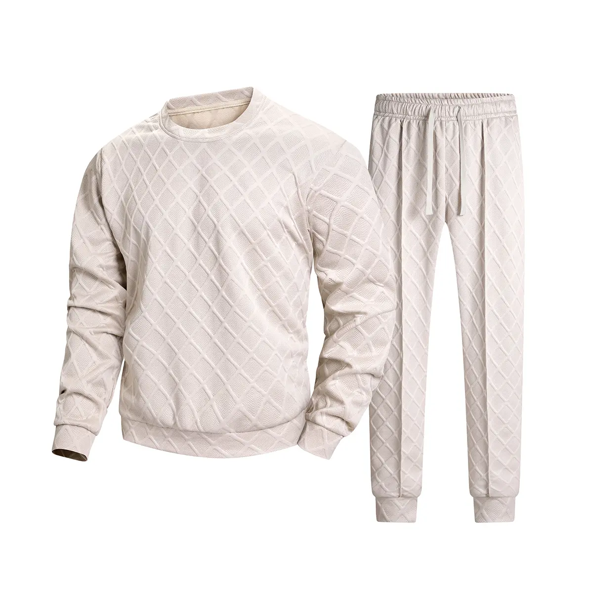 Men's 2-Piece Embossed Grid Jacquard Tracksuit Set - Crew Neck Long Sleeve Polyester Blend Pullover Sweatshirt, Elastic Drawstring Cuffed Fitted Cut Long Pants, Casual Wear for Spring Autumn Daily, Machine Wash, Male Set, Two-Piece Suit