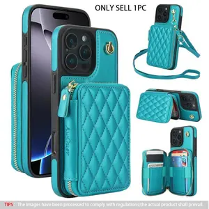 Fashionable Quilted Pattern Zipper Smartphone Case with Card Slot & Adjustable Hand Strap, Protective PU Leather Phone Cases for iPhone 17 Pro Max 17 Air  16 Pro Max 15 Plus 14 Plus 13 12,11 Cover, Protection