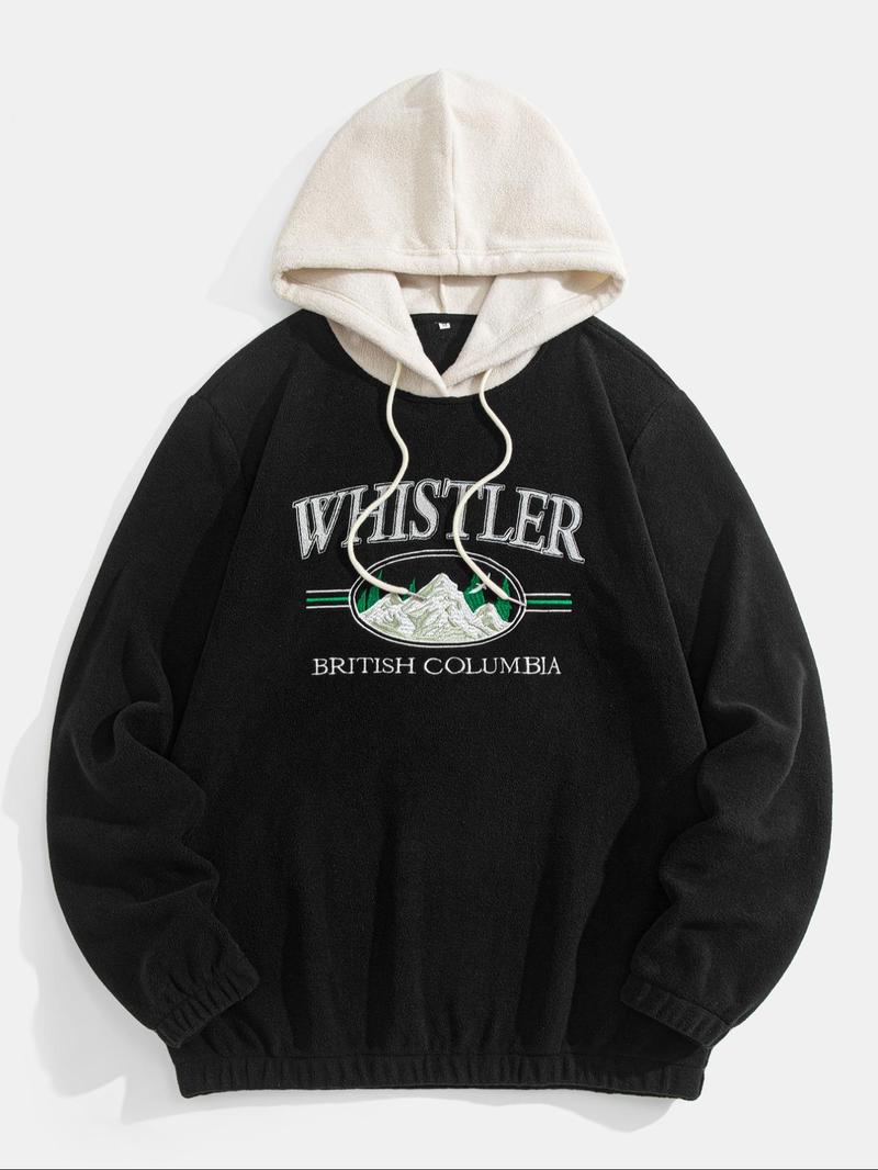 Men's Colorblock Patchwork Letter & Landscape Print Raglan Sleeve Color Contrast Hoodie, Casual Fashion Loose Drawstring Long Sleeve Hooded Sweatshirt for Fall & Winter, Men's Clothes for Daily Wear, Menswear