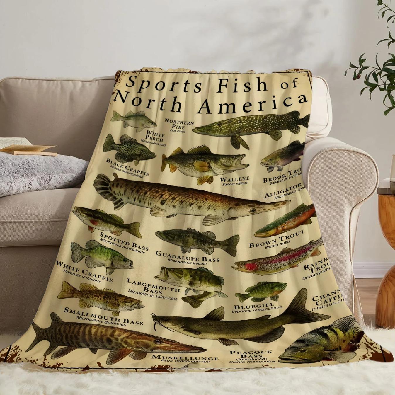 Sport Fish Print Flannel Throw Blanket Super Soft Cozy Fishing Blanket Warm Plush Nap Blanket for Bed Sofa Office Travel Machine Washable Home Gift