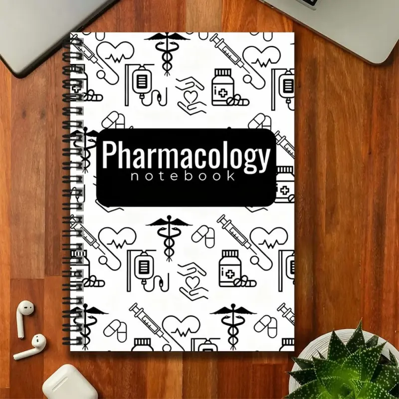 A medical-style spiral-bound pharmacology notebook, with a black and white medical icon cover that's super eye-catching! A great aid for work and study, making it super convenient to record knowledge. Whether it's for writing a diary, making daily plans,