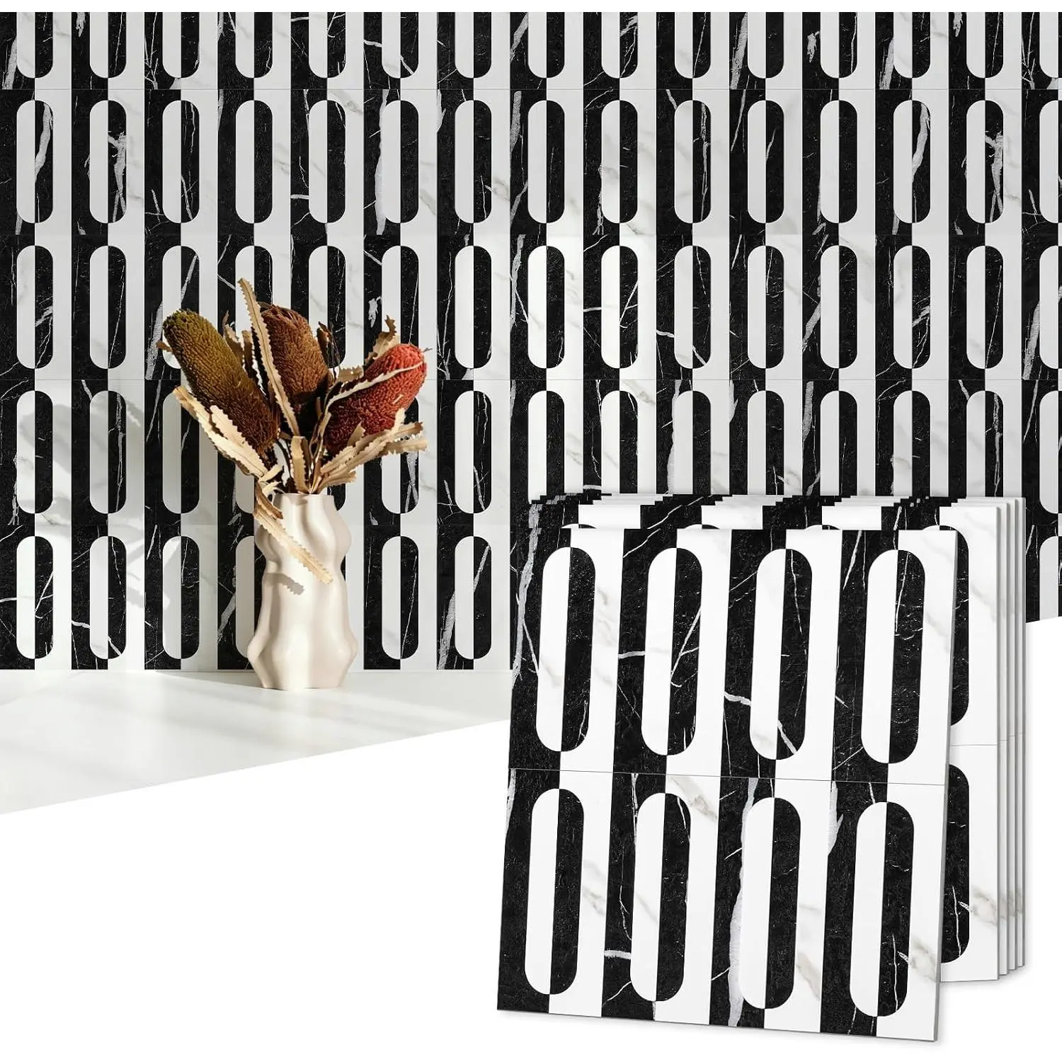 Peel and Stick Backsplash Tiles 12"x12",  Stick  Kitchen & Bathroom Backsplash, PVC Self Adhesive Wall Tiles for Fireplace, White/Marble Black (10 Sheets)