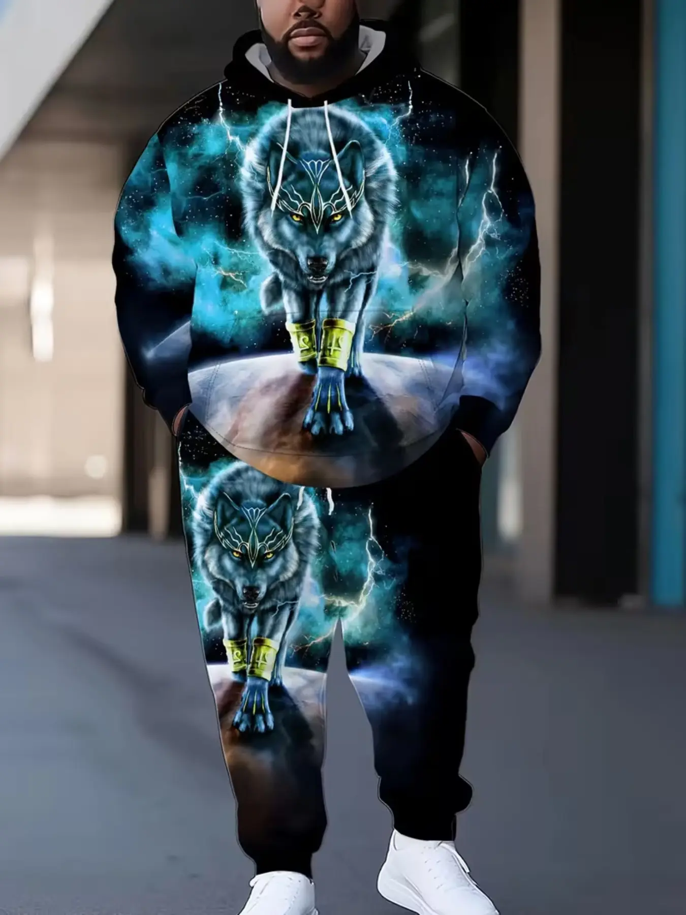 Men's Plus Size 2-Piece Sweatshirt and Pants Set, Starry Sky Lightning Lone Wolf Print, Casual Long Sleeve, All Seasons