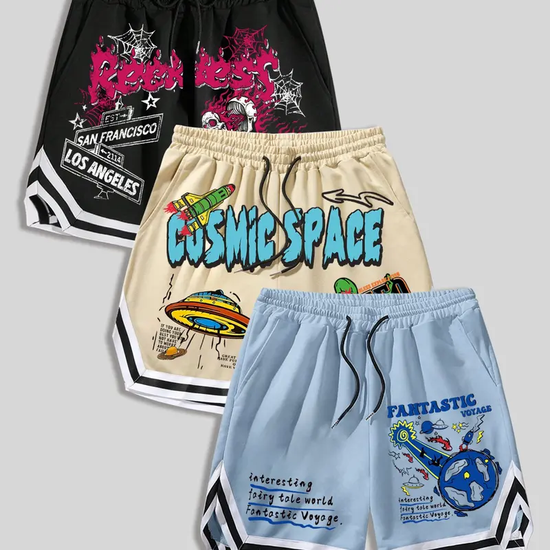 Men's 3 Pack Casual Shorts, Skull Space Cartoon Graffiti Graphic Print, Streetwear Summer Daily Shorts for Men