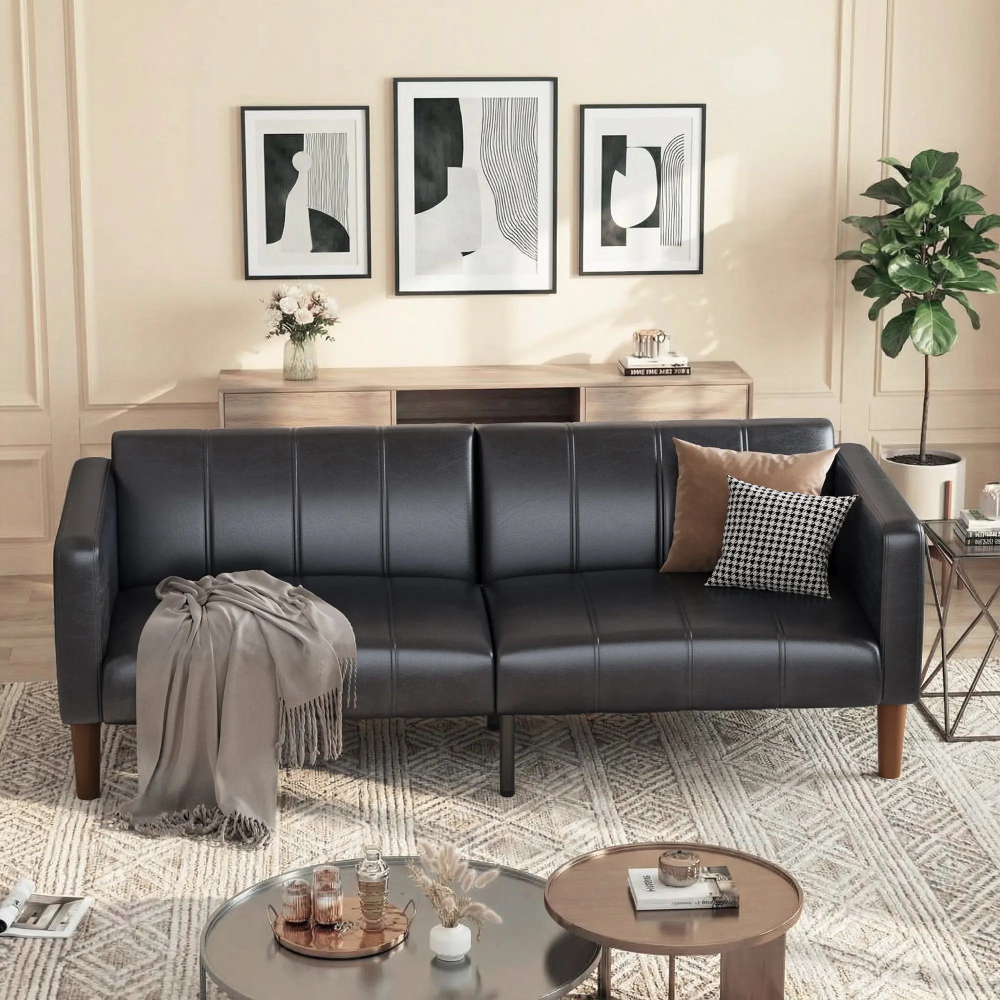 Modern Mid-Century Convertible Futon Sofa Bed - 75" PU Leather Loveseat Couch - Adjustable Backrest, Side Pockets,  Cloud Sectional Couch,Space-Saving Sleeper for Living Room, Bedroom, Small Apartment,dorm essentials,home decor