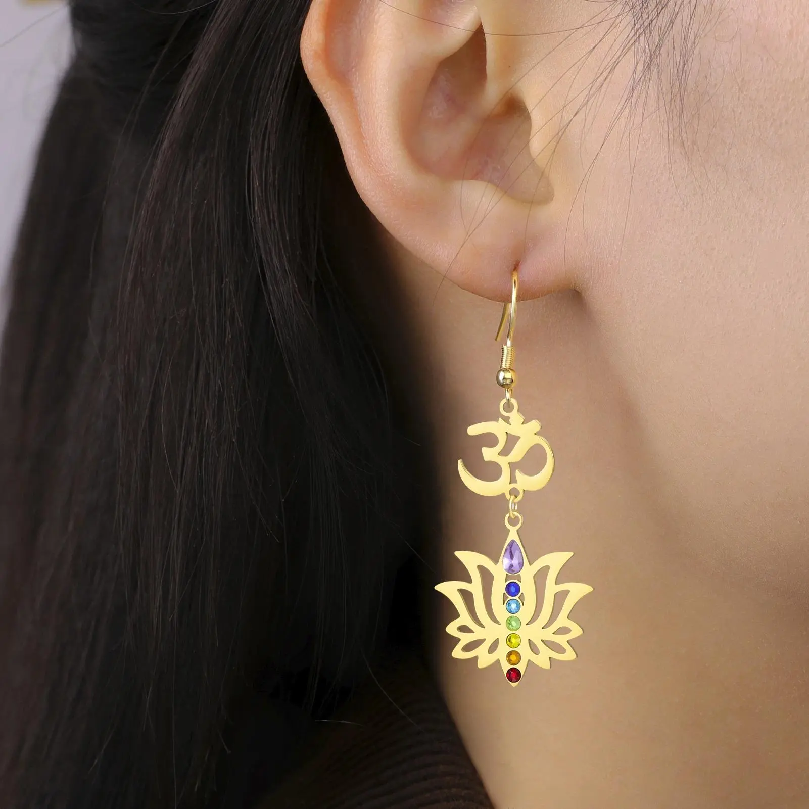 Cazador Lotus Flower Om Symbol Drop Earrings for Women Stainless Steel 7 Chakra Yoga Meditation Jewelry Earrings Amulet Gift