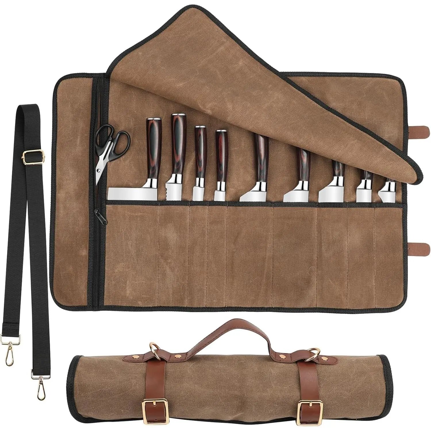 Knife Roll with Leather Straps and Metal Buckles, Double Layer Waxed Canvas Knife Bag, Large Chef Knife Bag with Handle and Shoulder Strap