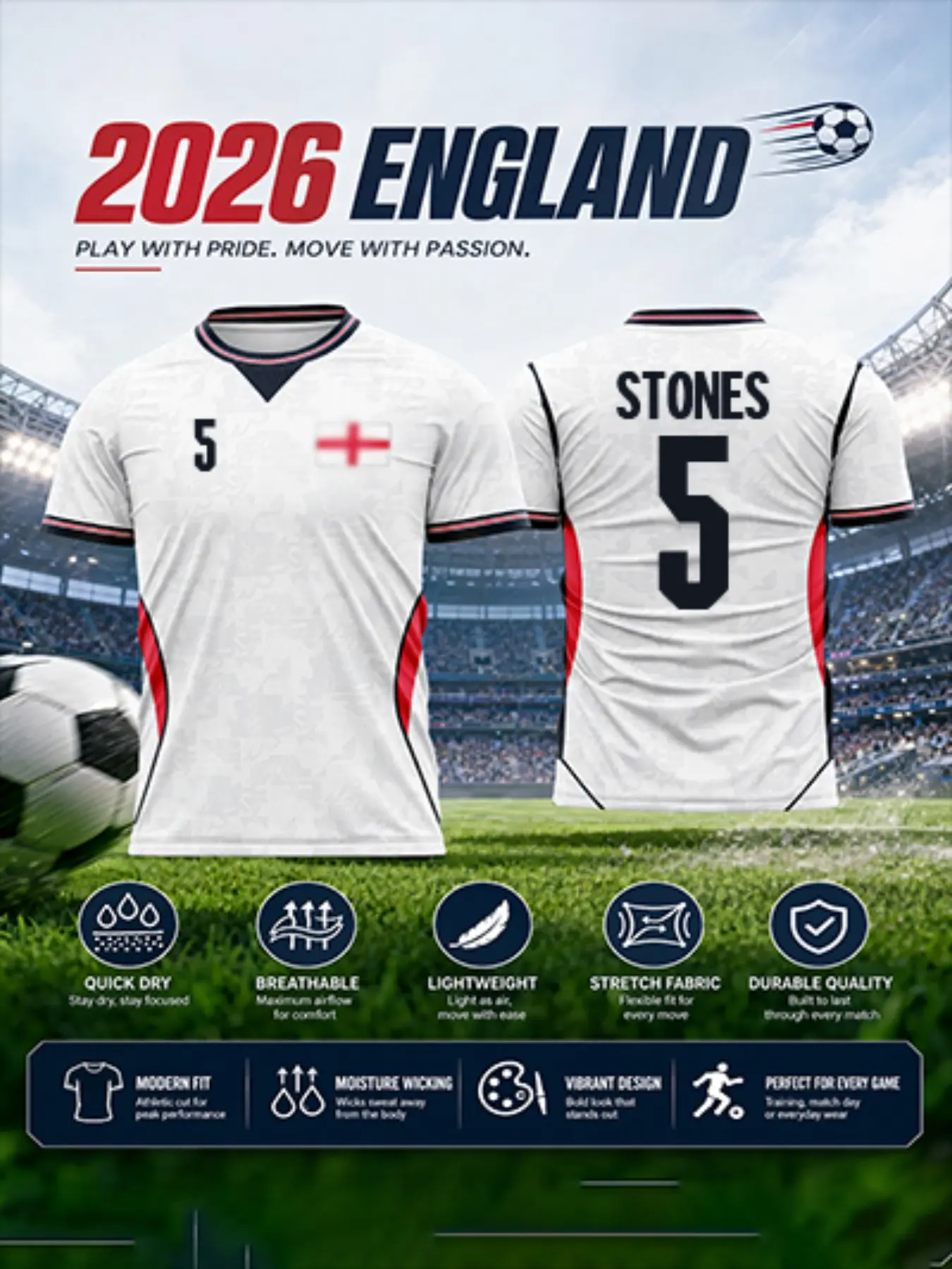 2026 England Modern Fan Football Jersey, Quick-Dry Breathable Polyester Mesh, Elegant All-Over Print Short Sleeve T-Shirt, Street Fashion