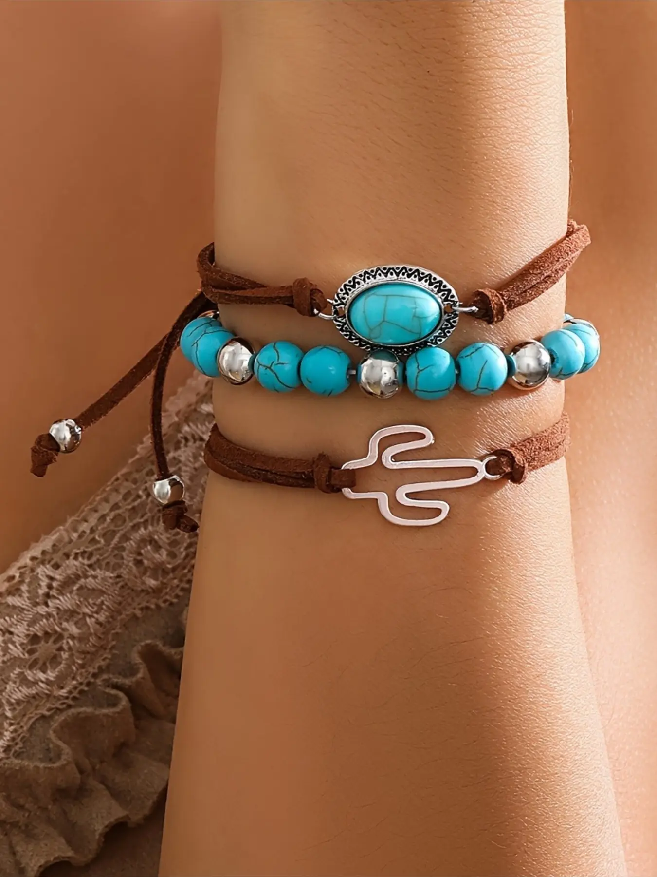 3Pcs Western Artificial Turquoise Cactus Stackable Bracelets Set, Boho Cowgirl Brown Suede Adjustable String Bracelet, Vintage Oval Turquoise Beaded Multi-Layer Wrap Bracelet, Southwest Desert Women Jewelry Gift, Exquisite Bracelet