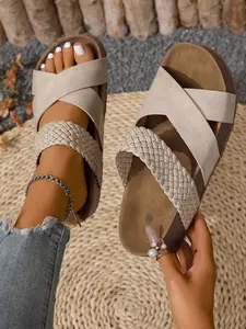 Women's Summer 2026 New Braided Cross Strap Sandals, Vintage Cork Flat Outdoor Slippers, Versatile Plain Design, PU Leather Upper