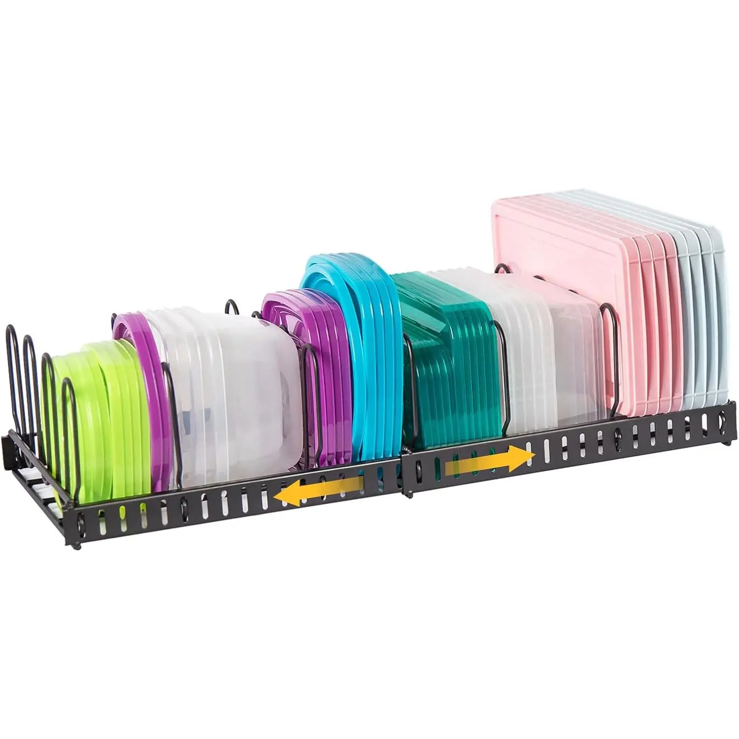 Expandable Food Container Lid Organizer,Large Capacity Adjustable 8 Dividers Detachable Lid Organizer Rack for Cabinets, Cupboards, Pantry Shelves, Drawers Keep Kitchen Tidy,Black 10.2"wide,3.6 Pound.