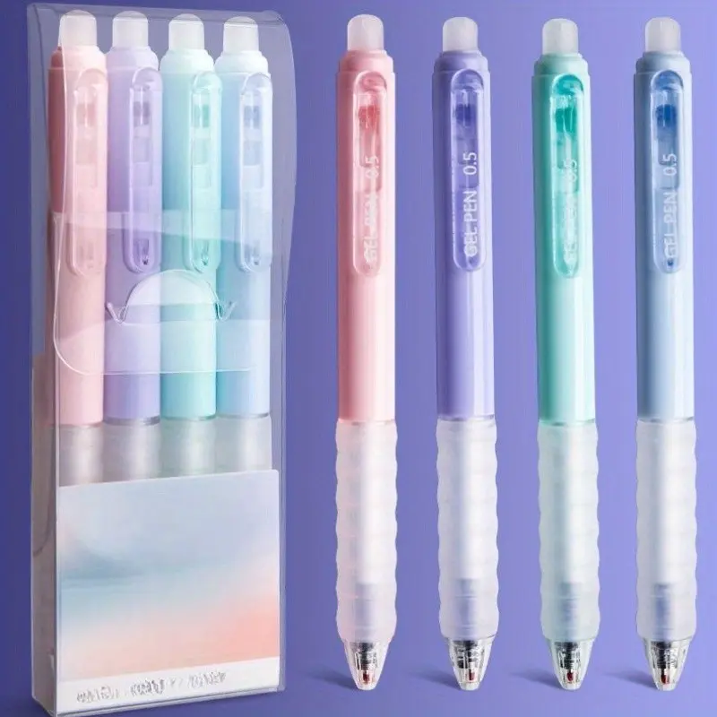 4pcs Minimalist Erasable Ballpoint Pens, 0.5mm Blue Ink, Soft Grip, Solid Color Push-Button, Suitable For Study, Office, Exam And Back To School Season, Pen Set