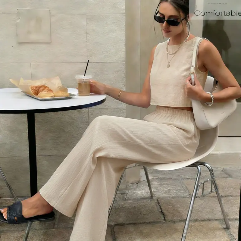 Women's Round Neck Two-Piece Set, Minimalist Casual Fashion, Comfortable and Stylish Design, Perfect for Daily Wear, Ladies' Clothing
