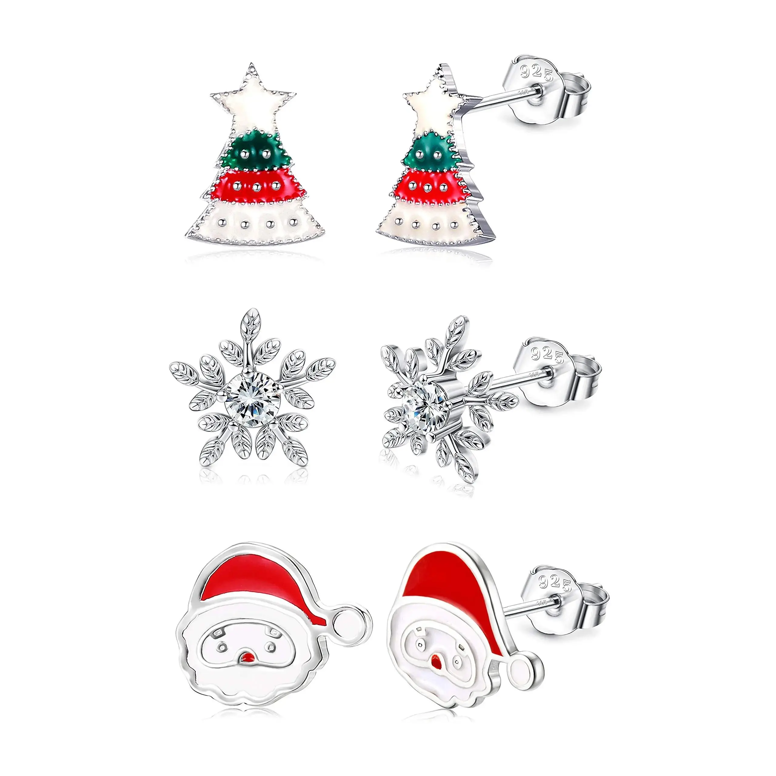 Christmas Earrings 3 Pairs 925 Sterling Silver Stud Earrings for Women Hypoallergenic Snowman Santa Claus Christmas Tree Snowflake Thanksgiving Jewelry Gift