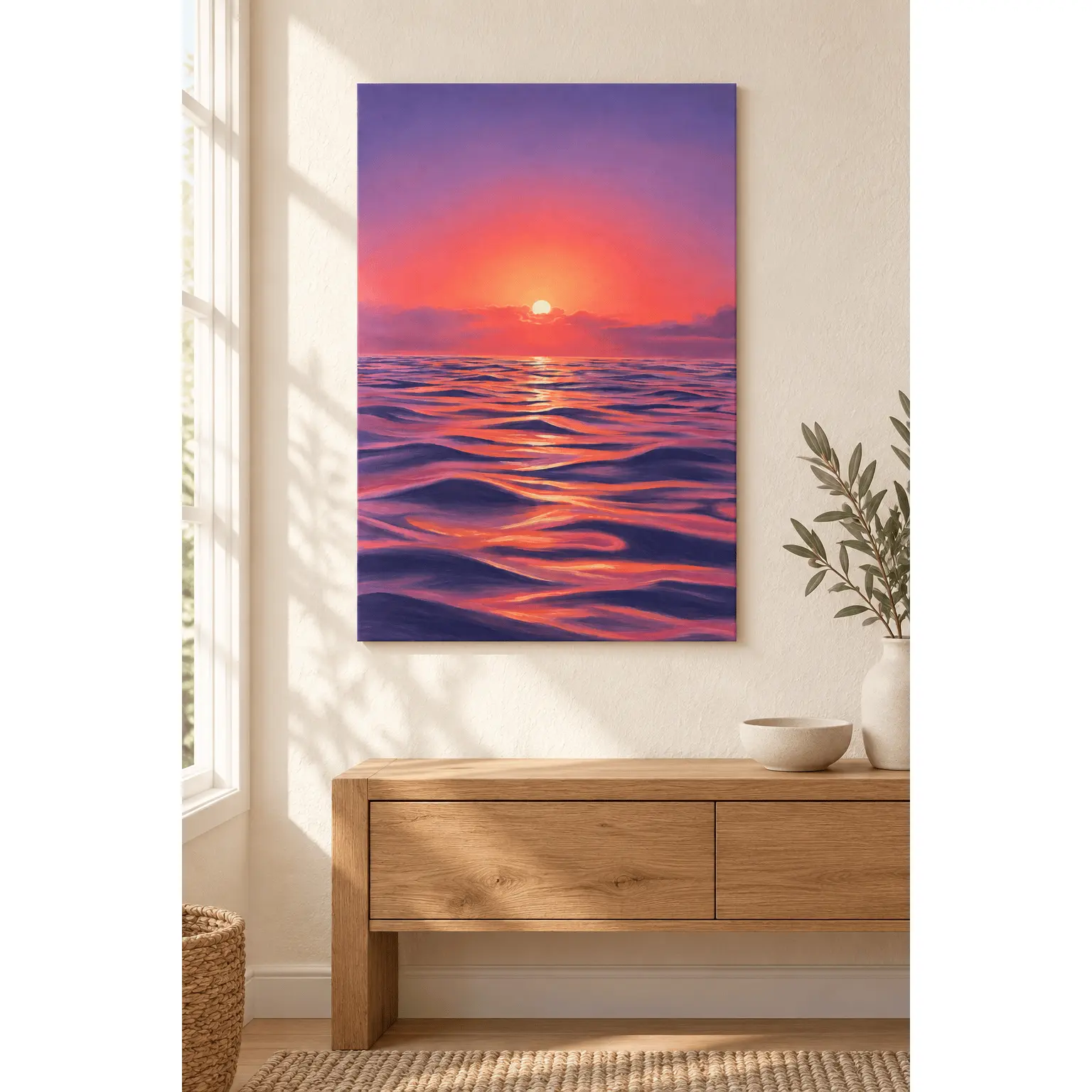 Pink Purple Ocean Sunset Poster, Coral Sky and Glowing Seascape Canvas Art, Colorful Coastal Wall Decor for Living Room Bedroom Entryway Home Office Reading Nook and Beach Inspired Space