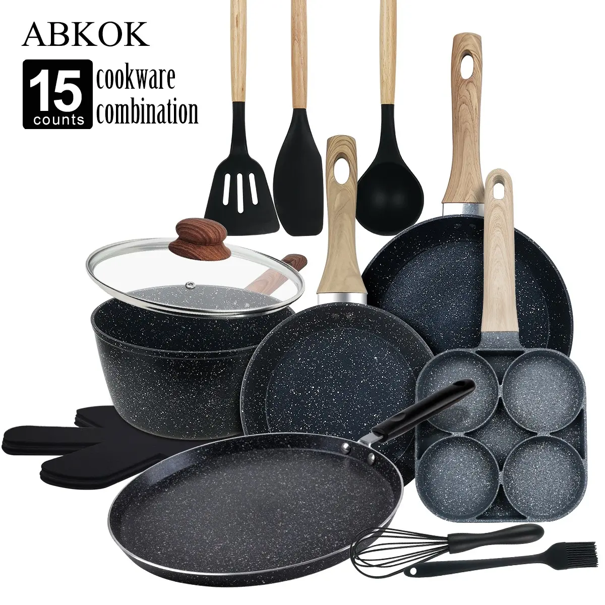 15-Piece Kitchen Utensil Set, Marble Non-Stick, Includes Frying Pan, Soup Pot, Breakfast Egg Pan, Silicone Tools, Suitable for All Stoves