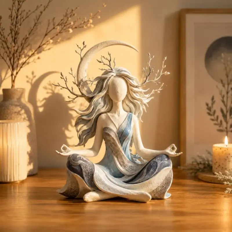 Sun Goddess Meditation Resin Statue, Bohemian Earth Mother Figurine, Yoga Lotus Pose, Gold Sun Halo, Sunflower Details, Spiritual Decor