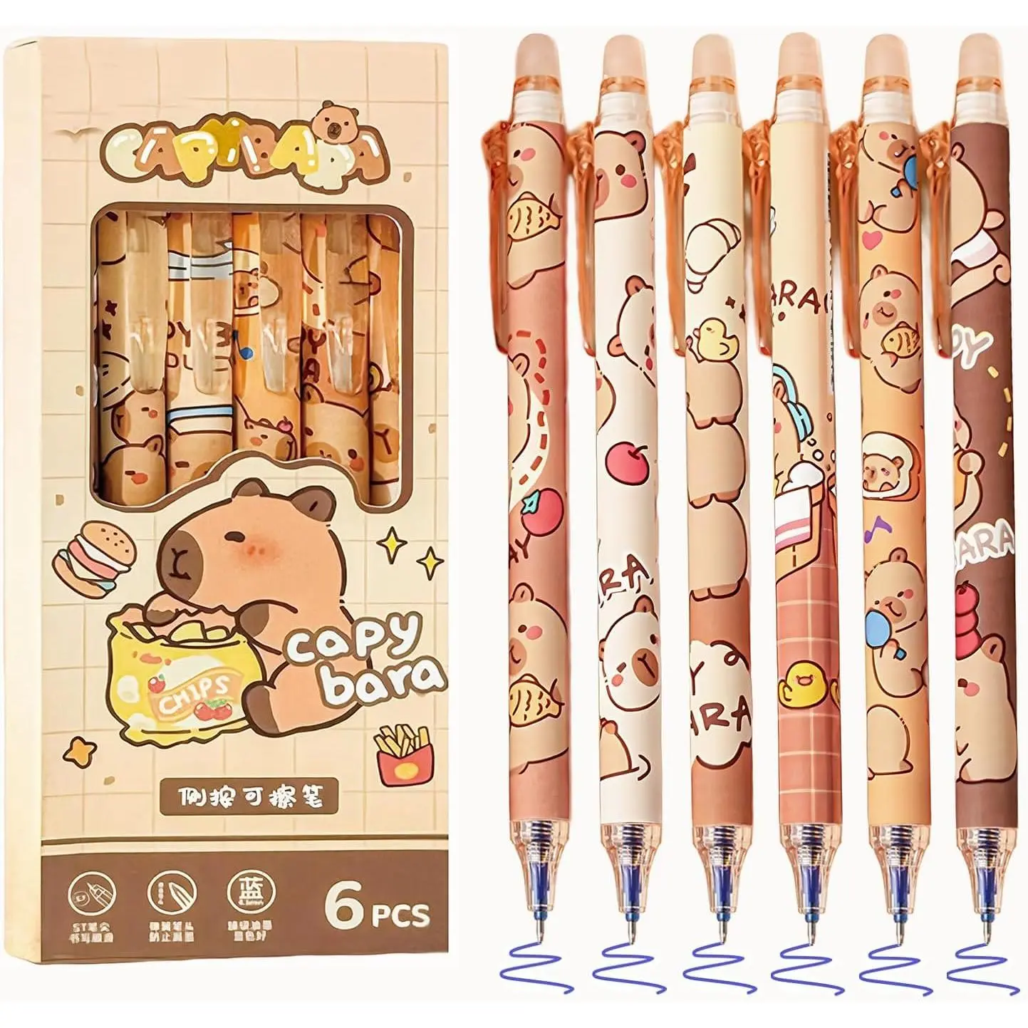 6 count Cute Erasable Gel Pens, 0.5mm Blue Ink Fine Point Pens, Retractable Quick Dry Smooth Writing Pens for Journaling, Drawing, Doodling, Note Taking(Capybara