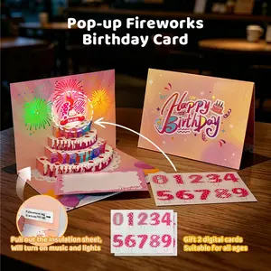 3D Pop Up Birthday Card with Music & LED Lights,Handmade Paper Art Birthday Gift for Party, Anniversary, Celebration， Firework Cake Greeting Card, Surprise Musical Light Up Birthday Card for Mom Dad Wife Husband Kids Women Men