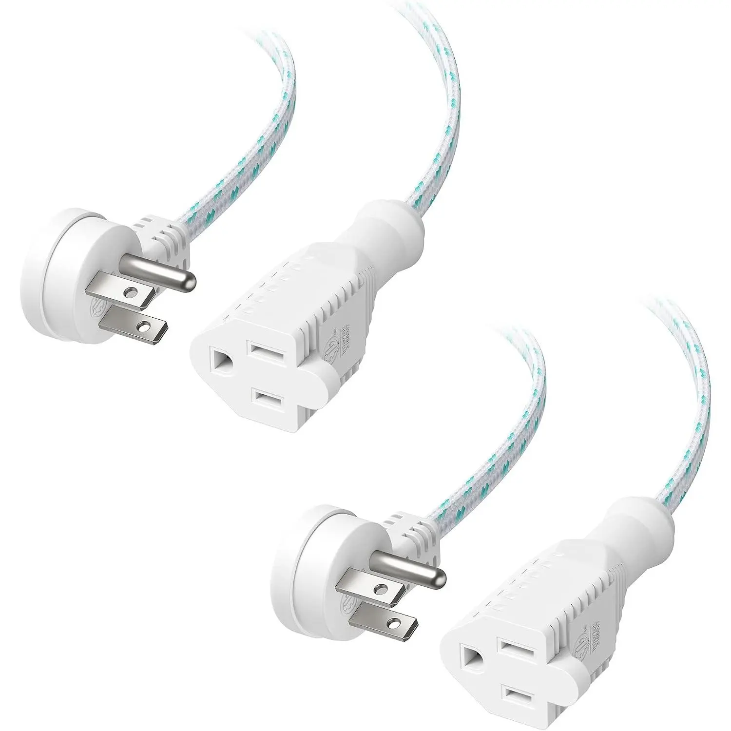 2-Pack Braided Low Profile Flat Power Cord 10 ft, 3 Prong (Flat Plug Extension Cord, Under Rug Power Extension )