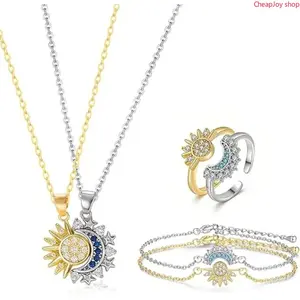 3pcs Sun Moon Matching Jewelry Set for Couples Adjustable Matching Sun and Moon Magnetic Necklace Magnetic Bracelet Ring Set Couple Jewelry Gifts for Him and Her, Party, Love & Back to School
