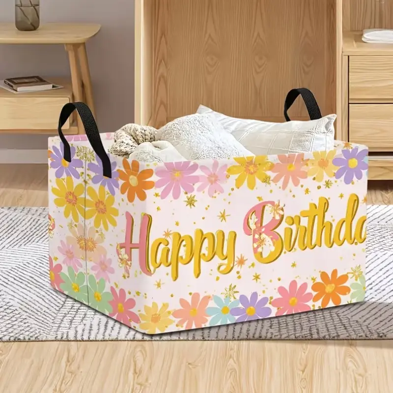 1pc, Happy Birthday Floral Design Large Capacity Open Storage Basket - Shelf Basket.Storage, for Apartments, Dormitories, Laundry Rooms, And Offices. Foldable Design Saves Space, for Organizing Clothes, Towels