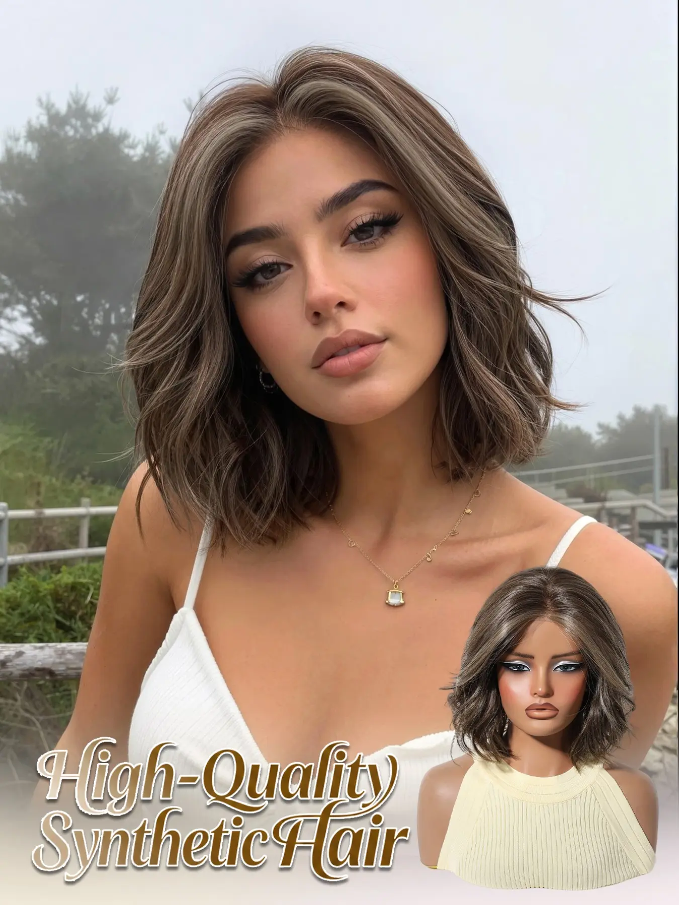 Topshe Mono Quality Short Wig, Synthetic Curly Wig, Natural Base, Cold Highlights, Voluminous Look, Scandinavian Hairline, Versatile Daily Wear, Premium Synthetic Wigs