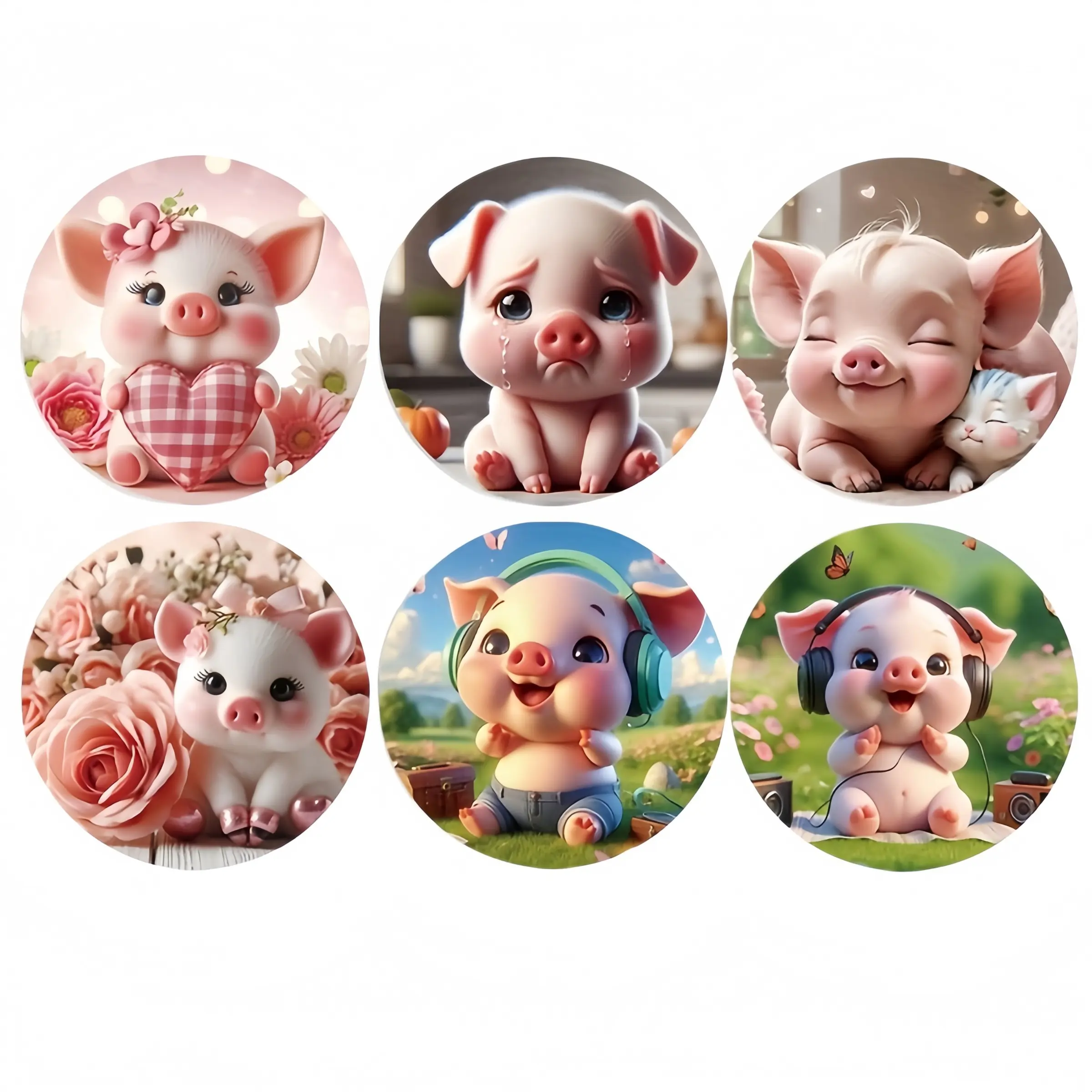 6pcs, Cute Piggy Wooden Coasters Set, Adorable Youngsters Pig Design with Pink Checkered Borders & Floral Patterns, Perfect for Christmas, Halloween, Easter & Thanksgiving Decor, Ideal Holiday Gift, Playful Piggy Design