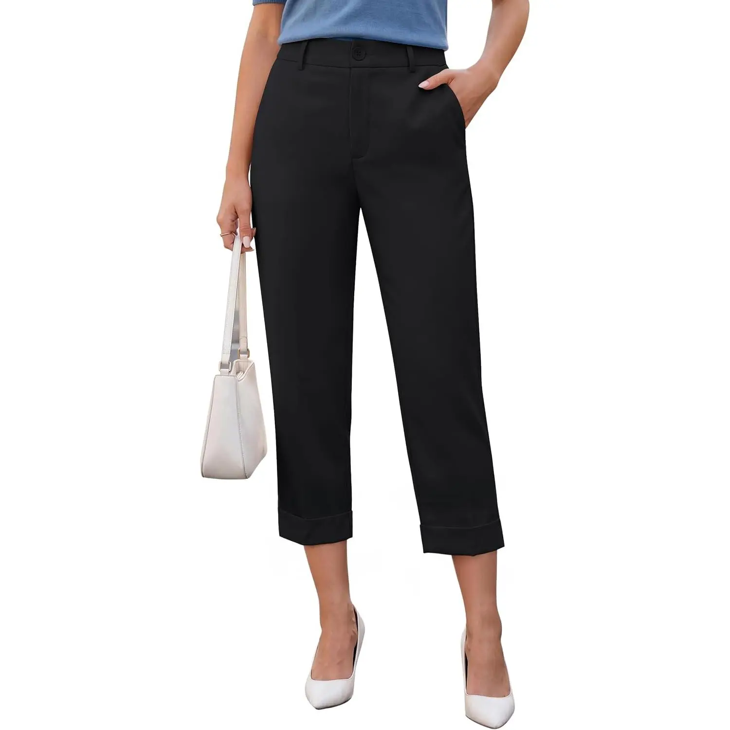 Women Dressy Capri Pants High Waist Cuff Hem Cropped Stretchy Work Pants Office Business Casual Trousers