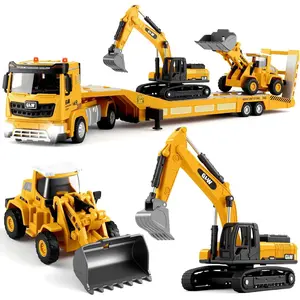 Lowboy Trailer with Excavator & Wheel Loader: 1:40 Alloy Construction Set - Inertia, Lights & Sounds, Movable Parts - Includes Batteries (Ages 3+)