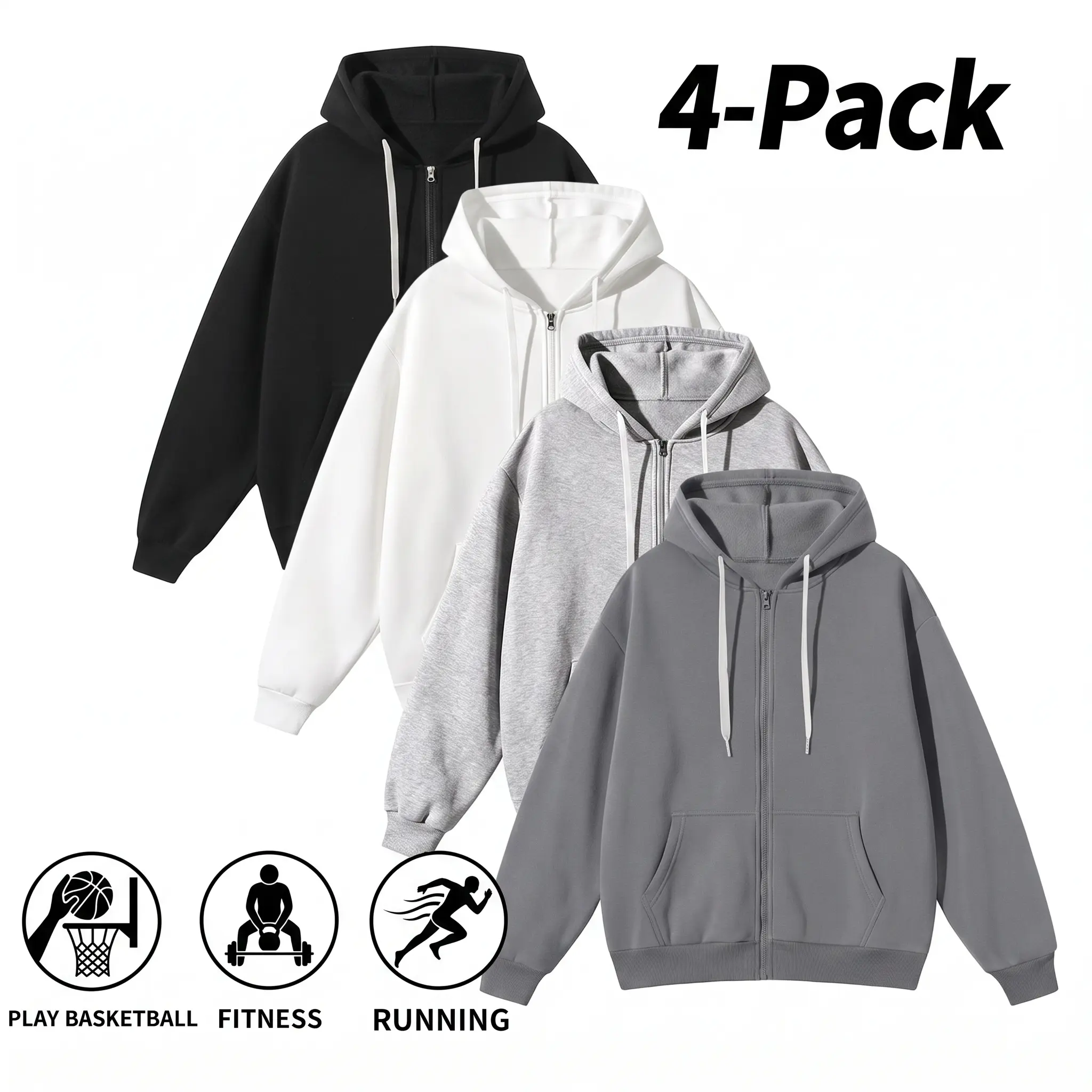 4-Pack Men's Full-Zip Hoodies – Fall/Winter new release, loose long sleeves, soft casual active hoodies for jogging, basketball, cycling (available 4-pack or 1-pack) Hooded Kangaroo Pocket Cardigan.