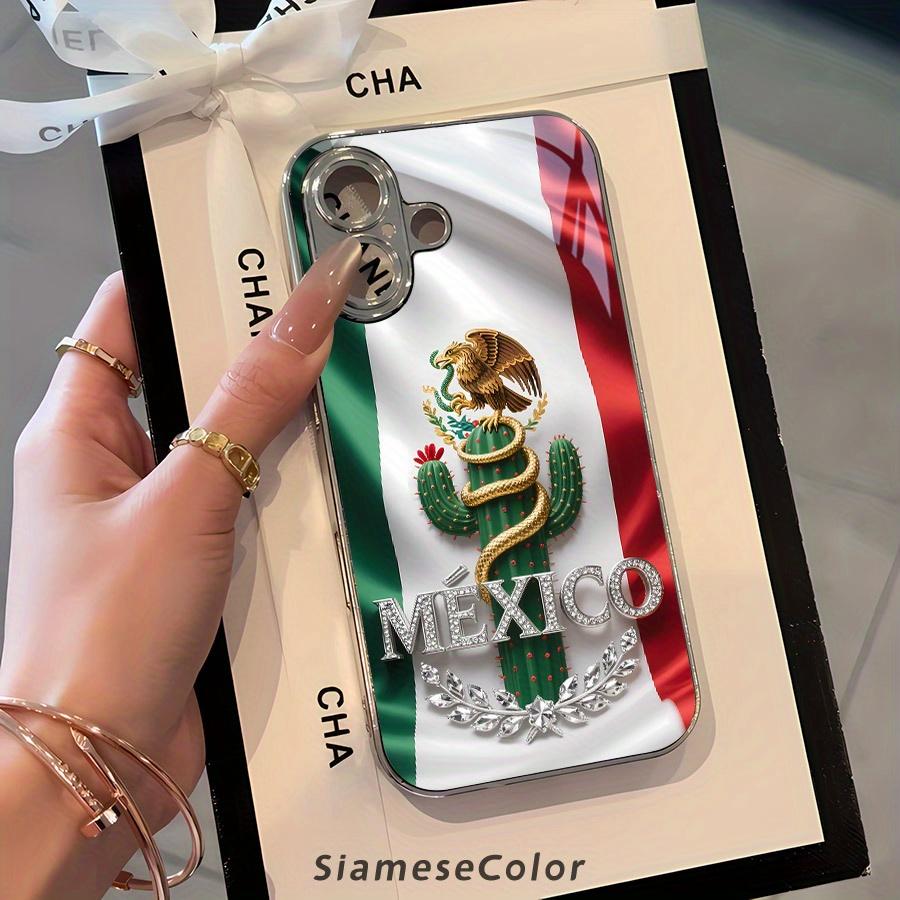 Exquisite 2D Pattern Mexican Flag Diamond Badge Glass Phone Case, Suitable for iPhone 17 16, 15, 14, 13, 12, 11 Plus Pro Max