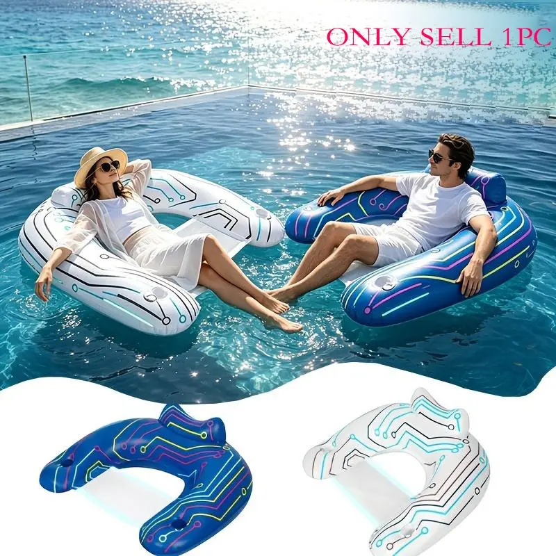 U-Shaped Glow-in-the-Dark Inflatable Lounge Chair—Adult Summer Pool Float with Cup Holder, Headrest, and Mesh Seat—Perfect for Nighttime Pool Parties