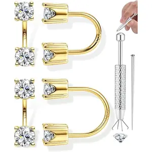 MILACOLATO 14K Plated Gold 925 Sterling Silver Posts Double Half Huggie Earrings Jacket Pack for Women Loop Hoop Backless Earring Stack Set Small Cubic Zirconia Screwback Studs Mother's Day Jewelry Gifts
