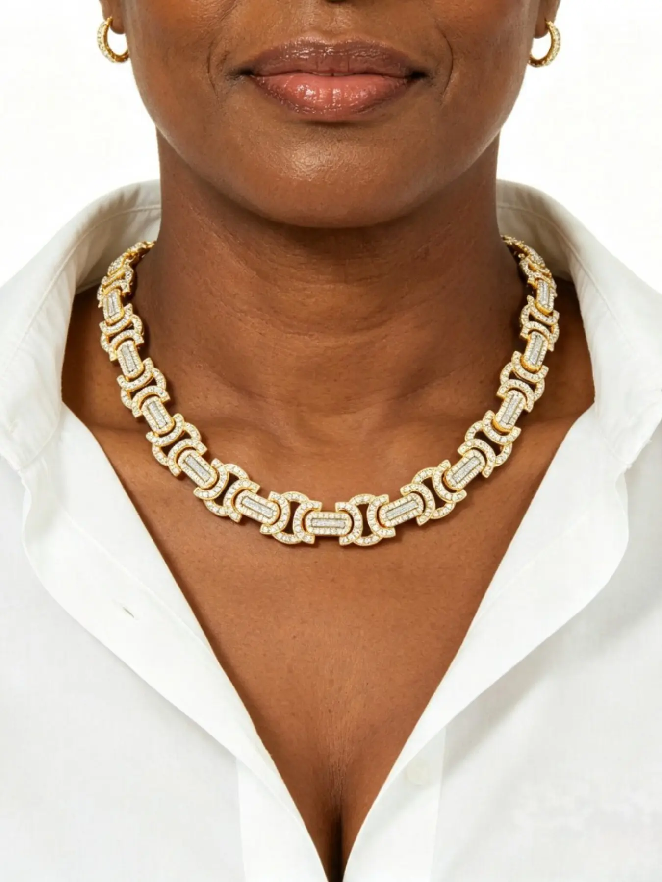 Vintage Court Style Full Diamond Cuban Chain, All over Rhinestone High-End Design Collarbone Necklace, Elegant Jewelry Accessory