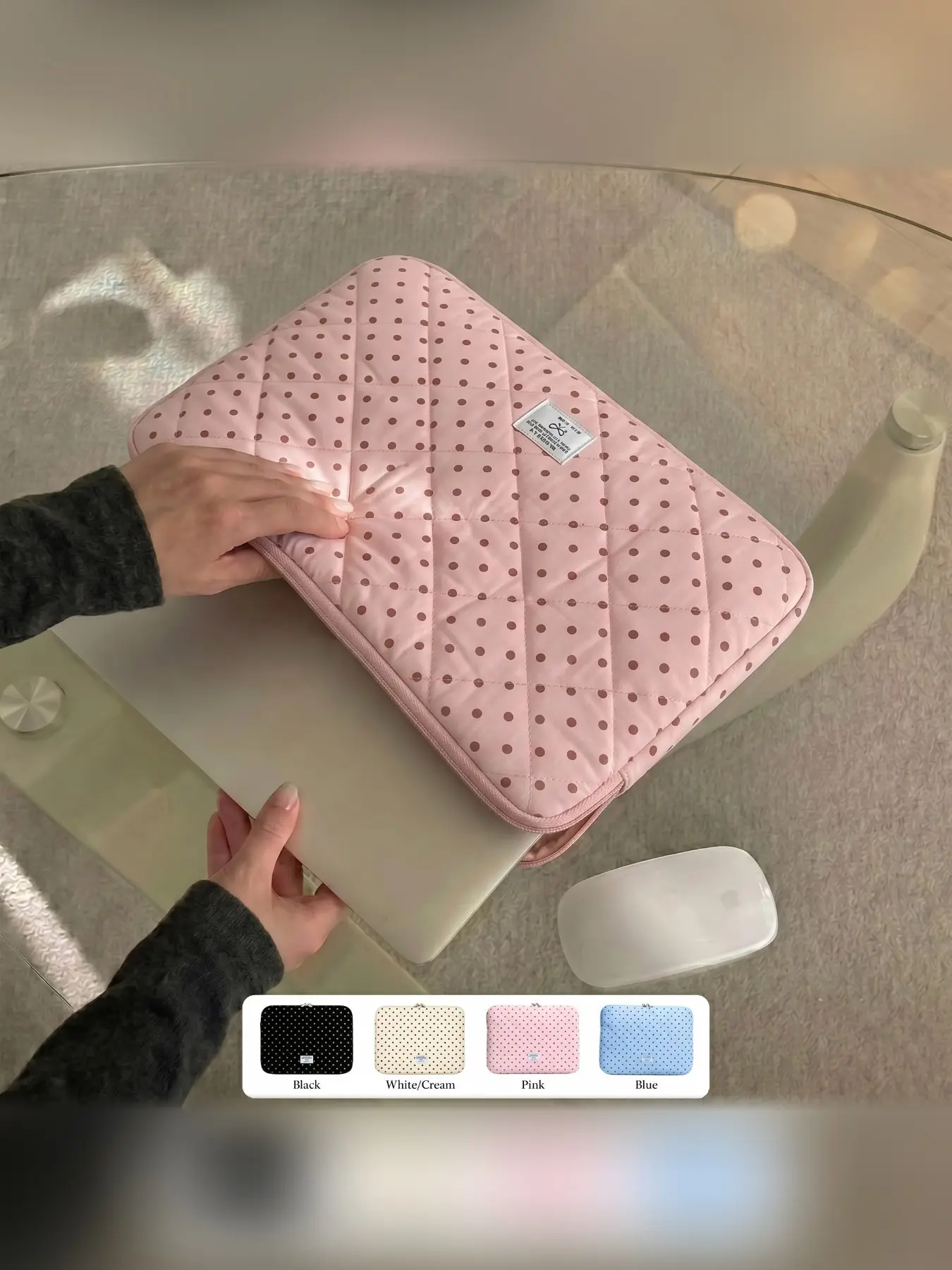 Korean Style Cute Polka Dot Quilted Laptop Bag, Laptop Computer Bag, 10-11 Inch iPad Case, 13-14 Inch Notebook Shockproof Inner Sleeve, Blue