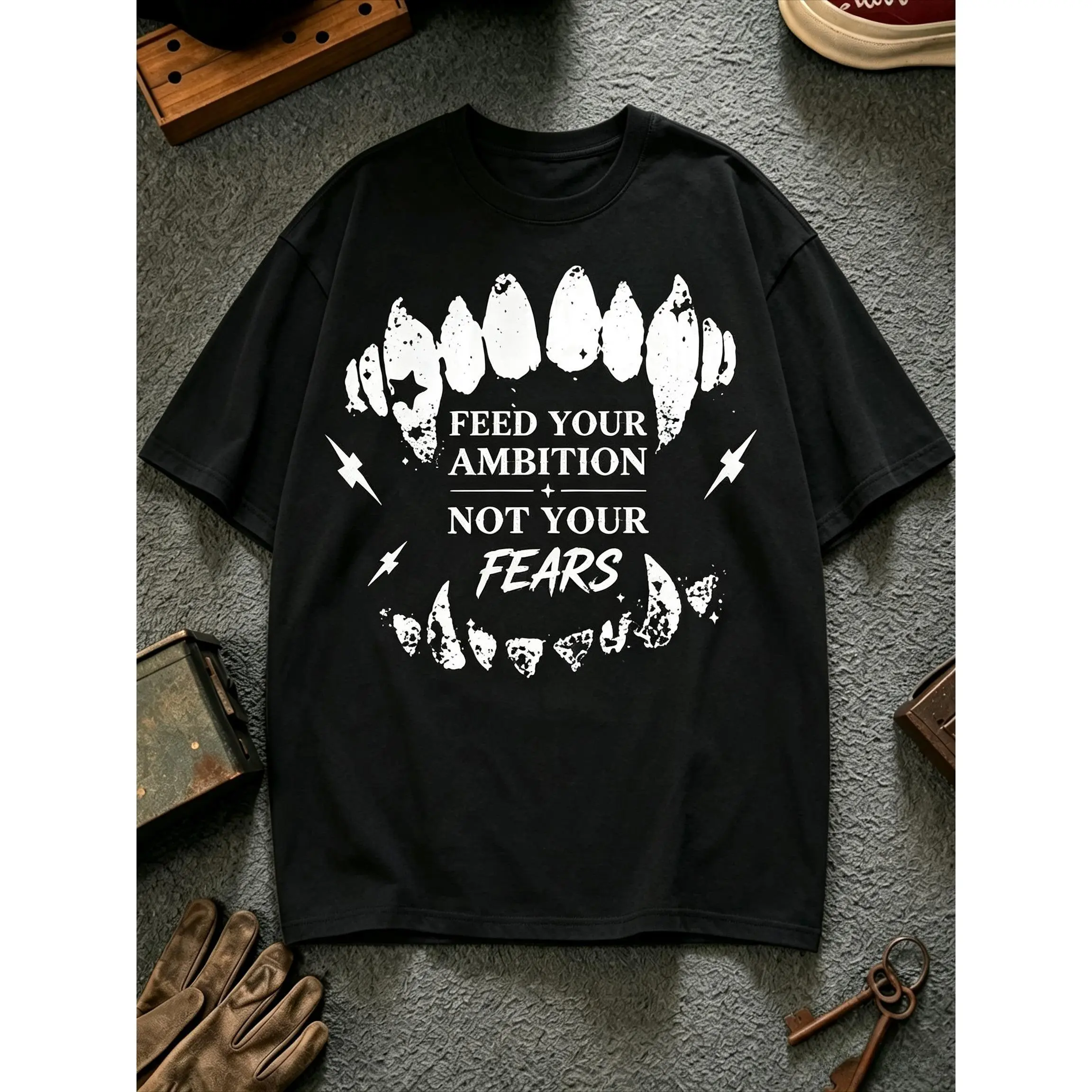 Retro Gothic Style T-Shirt with Fangs & Lightning Print, "Feed Your Ambition" Quote, Oversized Casual Streetwear, Unisex Inspirational Tee for Men & Women