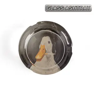 1pc Smoky Steam White Duck Oil Painting Print Round Dark Gradient Glass Ashtray, Funny Vintage Cartoon Animal Decorative Crystal Tray, Humorous Desktop Ornament for Home Bar Bedroom Decor & Unique Gift for Duck Lovers