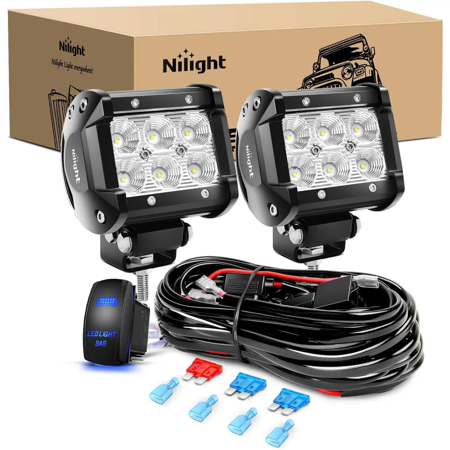 Nilight High Power Dual Off-Road Work Light Fixtures Kit - 2PCS 18W Power Flood Beam Lights, 12V 5Pin Rocker Switch Extendable Wire Harness with Output Connectors, Bright White Illumination