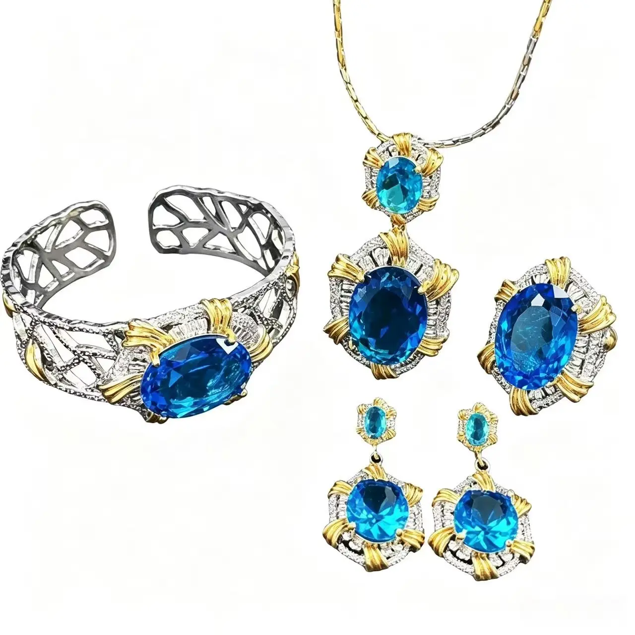 European Banquet Adjustable Costume Jewelry Set - Split Gold Olive Green Gemstone, Drop Grid Cutout Paraíba Pendant, Open Ring, Yellow Diamond Ear Studs, Bracelet