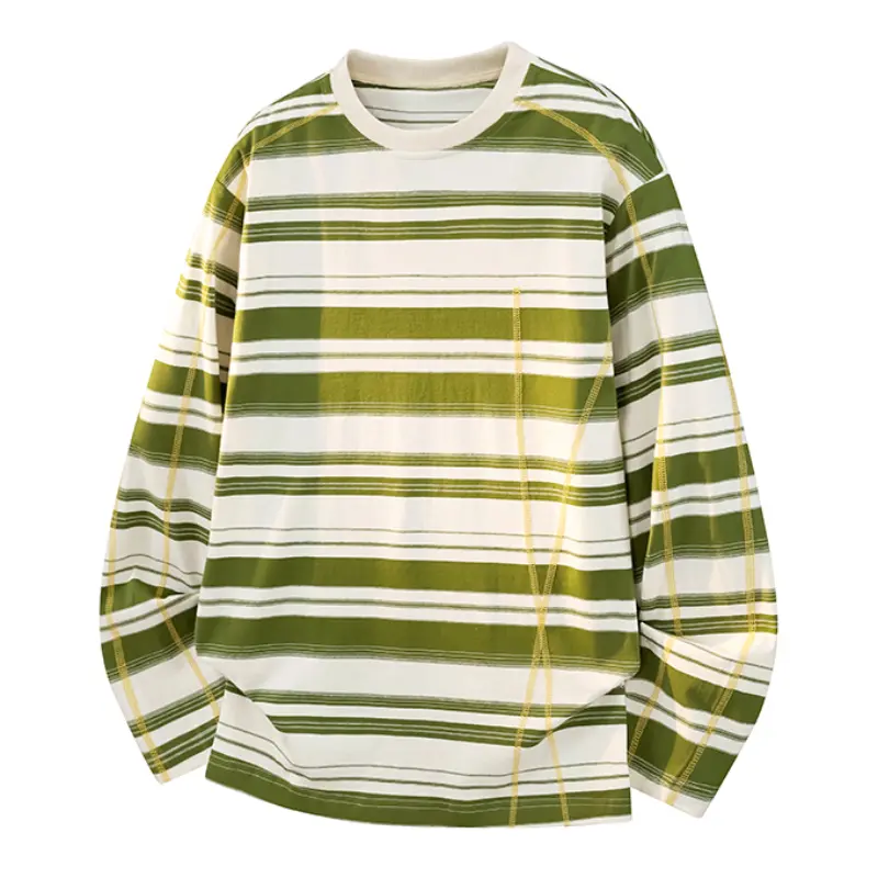 Men's Olive Green And Off-white Horizontal Striped Crew Neck Long Sleeve Tee, Contrast Yellow Raglan Stitch Detail Curved Hem Oversized Loose Fit Soft Breathable Woven Fabric Retro Preppy Streetwear Top For Layered Daily Spring Autumn Outfit Matching # Su