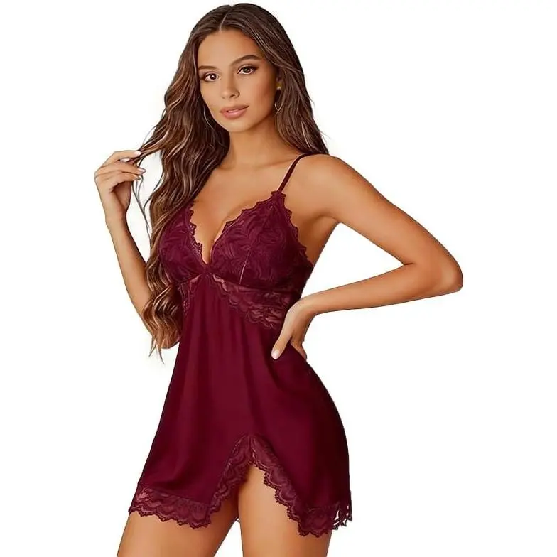 Women's Wardrobe  DITSONEO Elegant Lace Side Slit Lingerie Chemise for Women – Spaghetti Strap Nightgown Sleepwear, V-Neck Babydoll Dress
