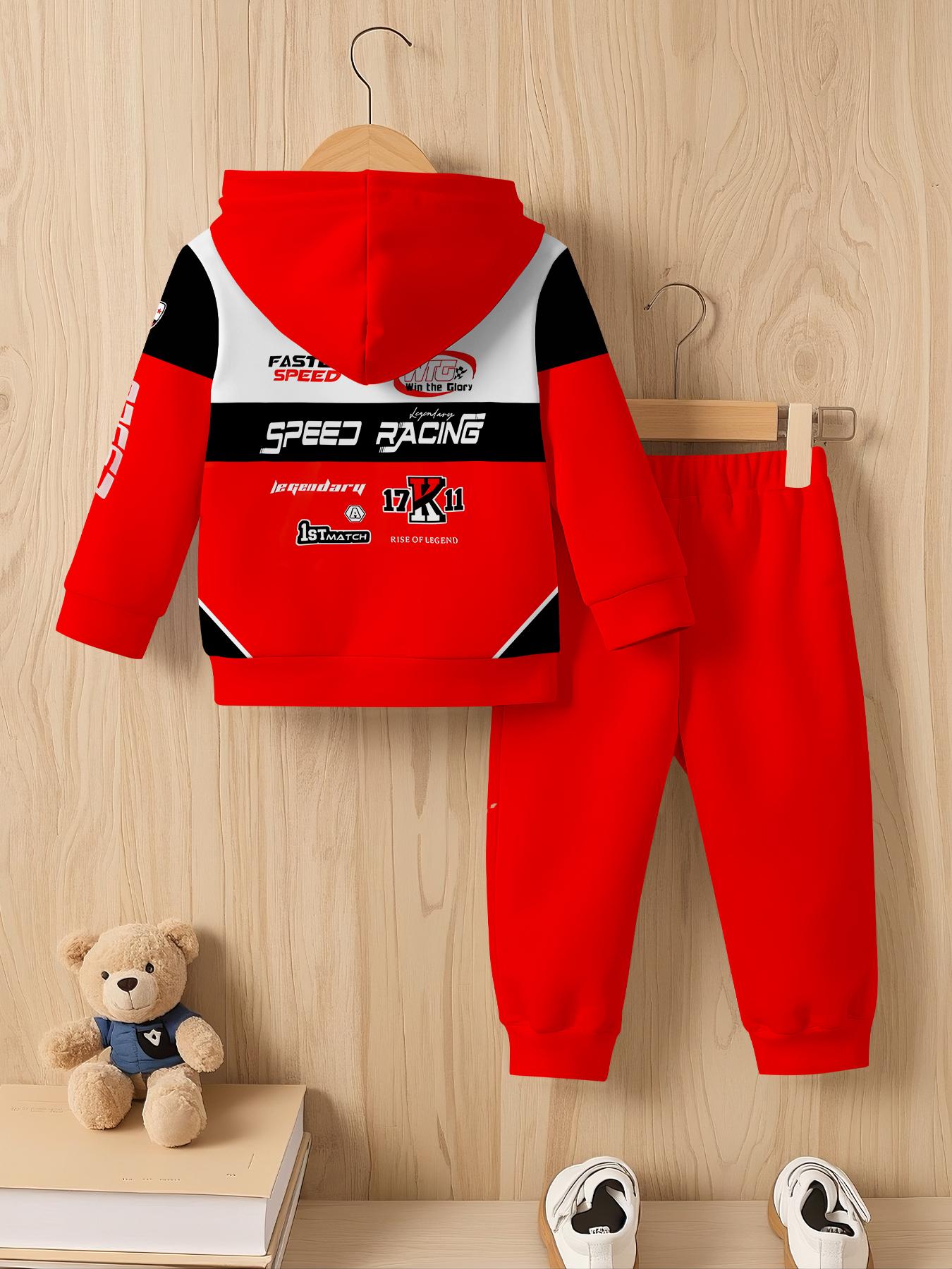 2pcs Boys' Racing Sport-Themed Digital Print Hooded Sweatshirt & Pants Set - Long Sleeve Casual Sportswear with "SPEED" & "Racing" Graphics, Comfortable Fabric, for Outdoor, Perfect For Outdoor, Ideal Clothing Gift For Kids