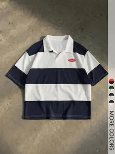 Unisex Navy & White Striped With Logo Patch Polo, Regular Fit, Casual Classic Retro Style Top, For Streetwear