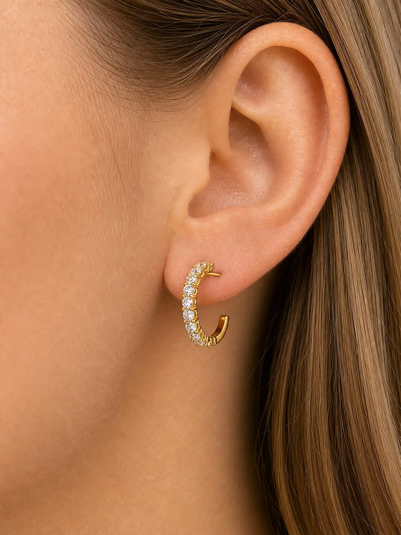 Silver Color Round Diamond Half Circle Earrings, Simple Sparkling Small Number Ear Studs, Elegant Jewelry for Daily Wear
