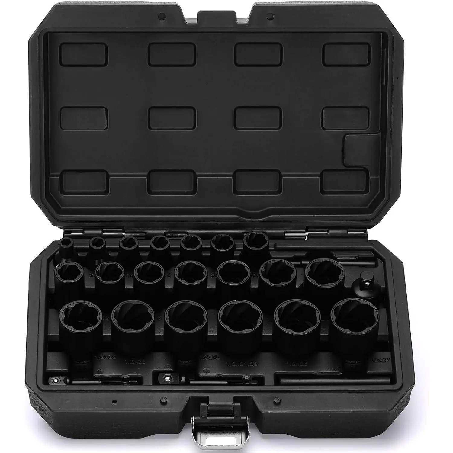 25 count  Bolt Nut Extractor Kit, 1/2" & 3/8" Drive Bolt & Nut Remover Socket Tool Kit, Metric 8-27mm, CR-MO, Wheel Lock Removal for Extracting Damaged, Stripped Frozen Nuts & Screws
