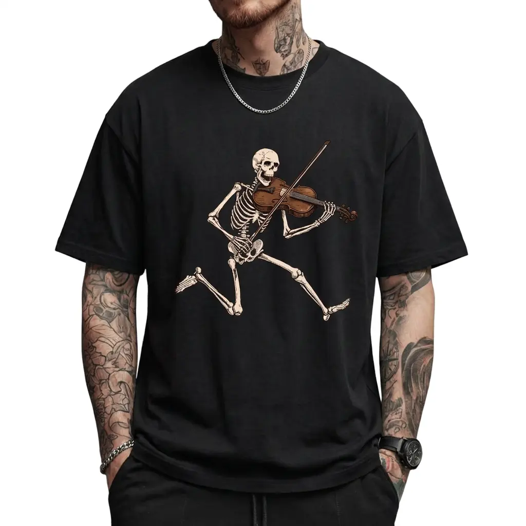 Skeleton Playing Violin Shirt Fiddle Graphic Halloween Gothic Dark Academia Short Sleeve Crew Neck Top Cotton Tee Shirt Favorite Shirt Tee Casual Streetwear Music Apparel Unisex