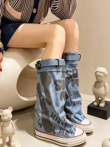 Women Y2K Slouch Fold Over Canvas Boots Graffiti Letter Print High Top Pile Sneakers Adjustable Buckle Streetwear Hip Hop Pull On Tall Booties