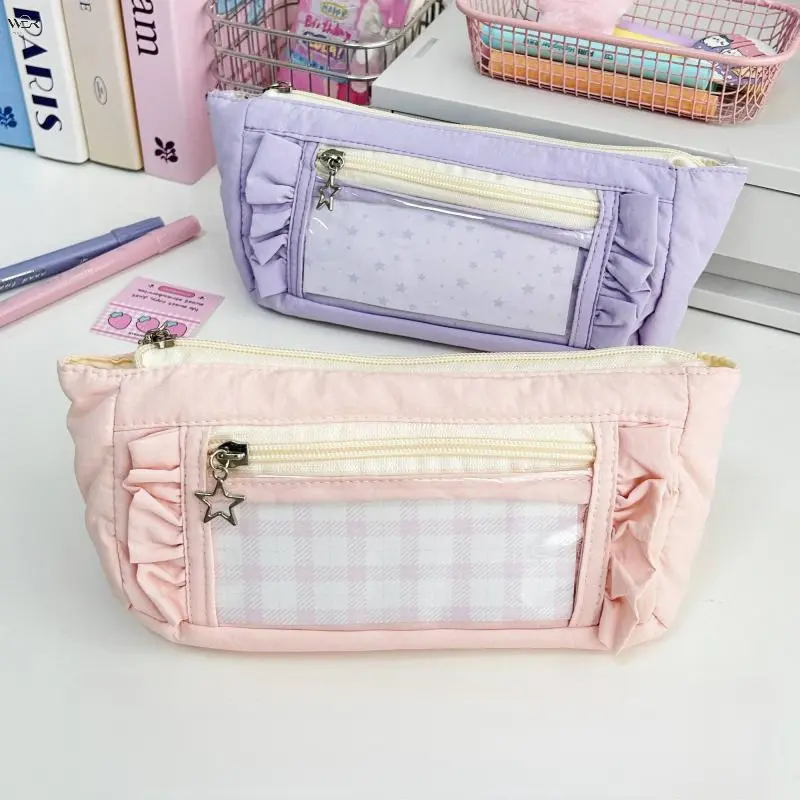 Cute Ruffle Diamond Check Polyester Pencil Case for Teen Girls - Double Layer Front Pocket, Transparent Patch, Aesthetic Pastel Large-Capacity Stationery/Makeup Organizer (7 Colors: Mint Blue, Pink, Cream, Purple, White, Black), Storage Organizer